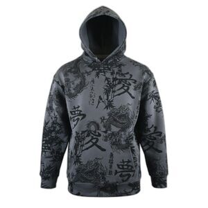 Saints Studio Men’s 3XL Black Pullover Hoodie Subdued Unique Asian Dragons Print